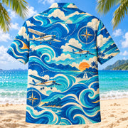 Back view of Coastal Waves Pilot and Aviation Hawaiian Shirt with matching pilot and aviation artwork in cobalt, turquoise, cream, tangerine