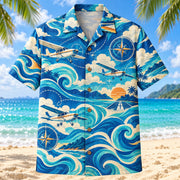 Front view of Coastal Waves Pilot and Aviation Hawaiian Shirt with flowing mid-century coastal waves around unbranded civilian propeller planes, imaginary flight paths, clouds, compasses and runways