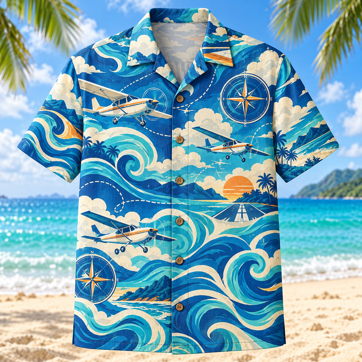 Front view of Coastal Waves Pilot and Aviation Hawaiian Shirt with flowing mid-century coastal waves around unbranded civilian propeller planes, imaginary flight paths, clouds, compasses and runways