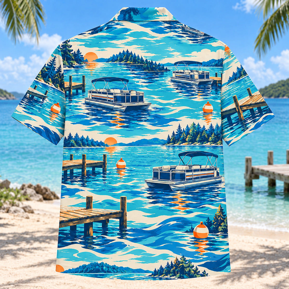 Back view of Coastal Waves Pontoon Boating Hawaiian Shirt with matching pontoon boating artwork in cobalt, turquoise, cream, tangerine