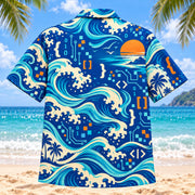 Back view of Coastal Waves Programmer Hawaiian Shirt with matching programmer artwork in cobalt, turquoise, cream, tangerine