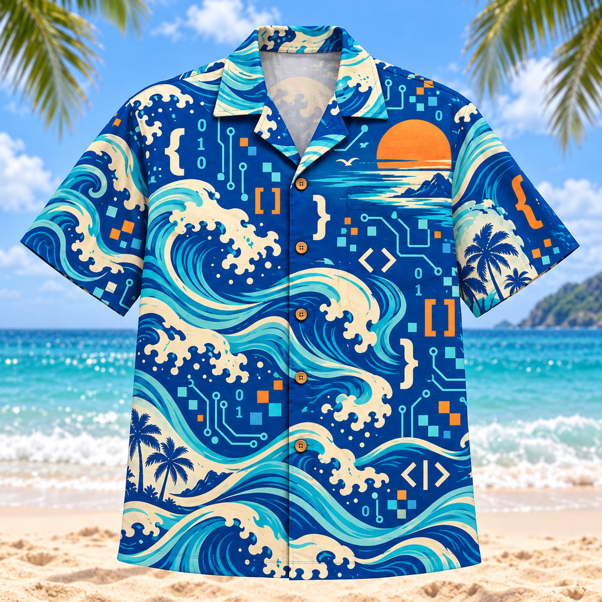 Front view of Coastal Waves Programmer Hawaiian Shirt with flowing mid-century coastal waves around original brackets, readable self-written pseudocode, binary patterns, pixels and invented debugging symbols