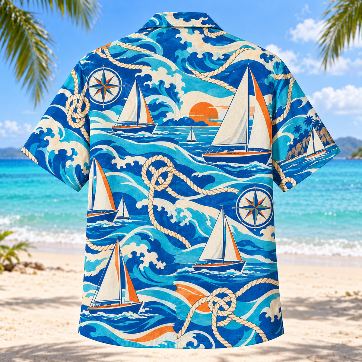 Back view of Coastal Waves Sailing Hawaiian Shirt with matching sailing artwork in cobalt, turquoise, cream, tangerine