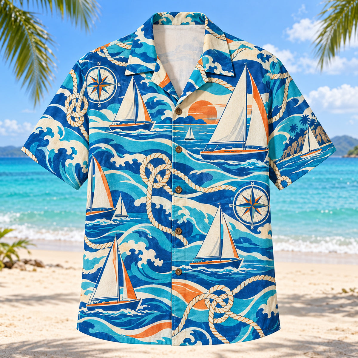 Front view of Coastal Waves Sailing Hawaiian Shirt with flowing mid-century coastal waves around imaginary sailboats, knots, compasses and wave forms