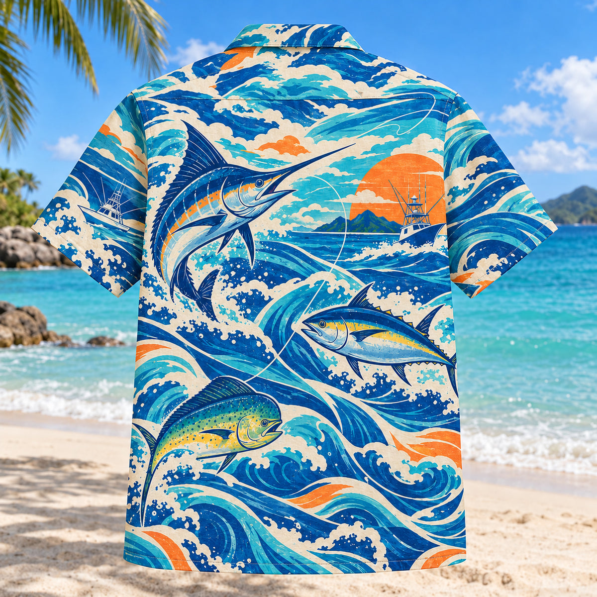 Back view of Coastal Waves Saltwater Fishing Hawaiian Shirt with matching saltwater fishing artwork in cobalt, turquoise, cream, tangerine
