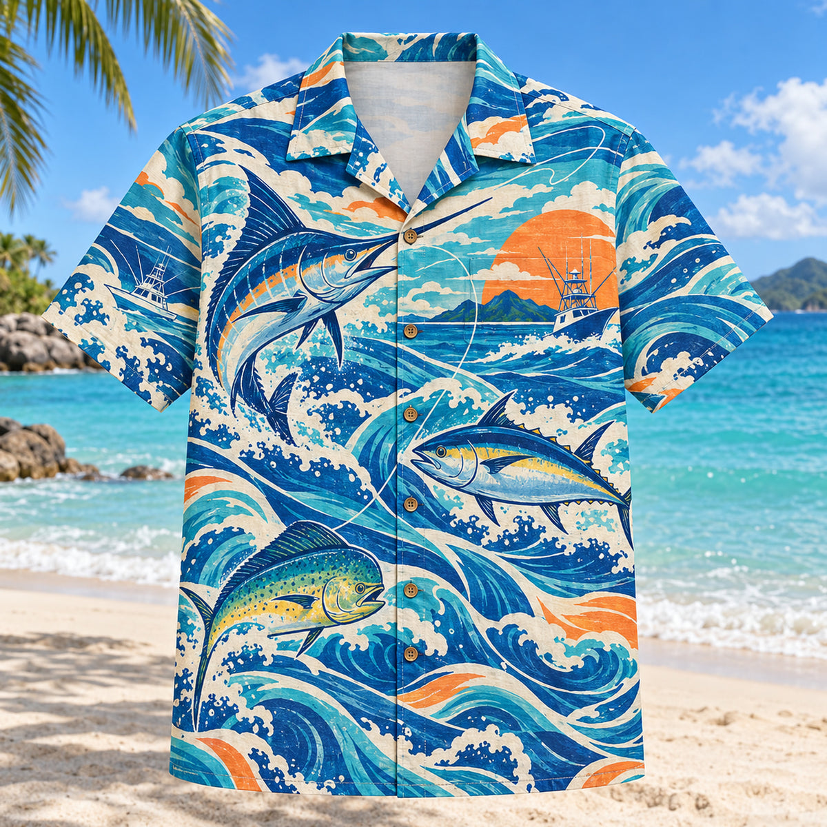 Coastal Waves Saltwater Fishing Hawaiian Shirt