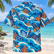 Back view of Coastal Waves Scuba Diving Hawaiian Shirt with matching scuba diving artwork in cobalt, turquoise, cream, tangerine