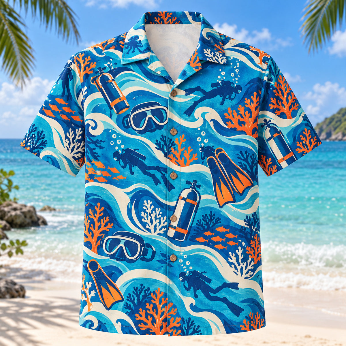 Front view of Coastal Waves Scuba Diving Hawaiian Shirt with flowing mid-century coastal waves around generic masks, fins, air tanks, small diver silhouettes and original coral forms