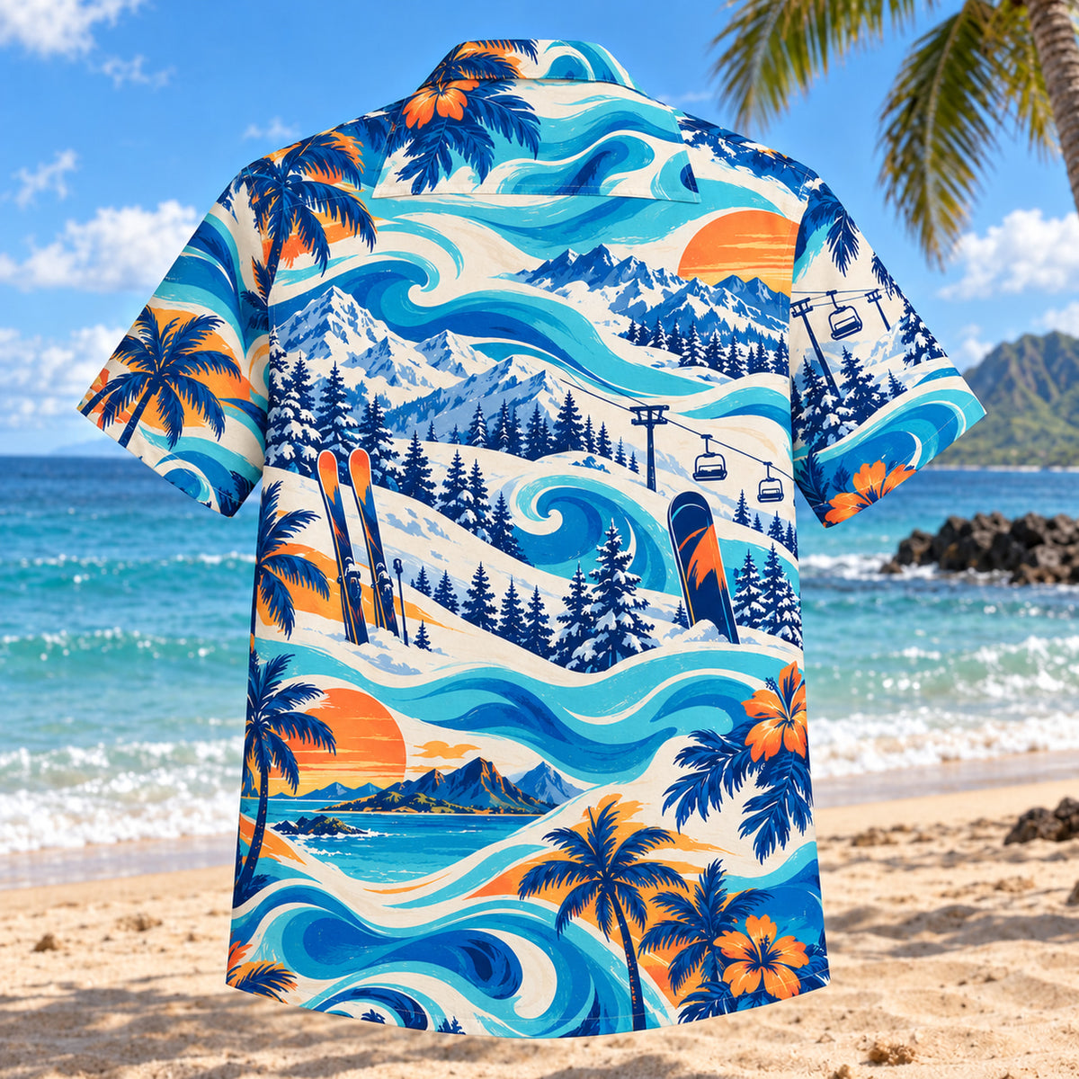 Back view of Coastal Waves Ski and Snowboard Hawaiian Shirt with matching ski and snowboard artwork in cobalt, turquoise, cream, tangerine