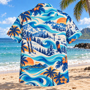 Back view of Coastal Waves Ski and Snowboard Hawaiian Shirt with matching ski and snowboard artwork in cobalt, turquoise, cream, tangerine