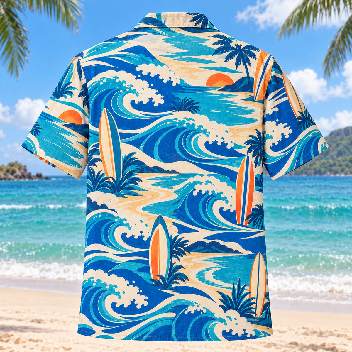 Back view of Coastal Waves Surfing Hawaiian Shirt with matching surfing artwork in cobalt, turquoise, cream, tangerine