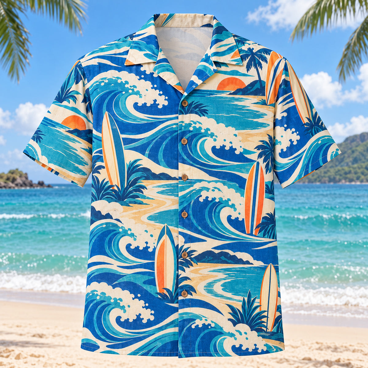 Front view of Coastal Waves Surfing Hawaiian Shirt with flowing mid-century coastal waves around unbranded surfboards, rolling waves and curved shorelines