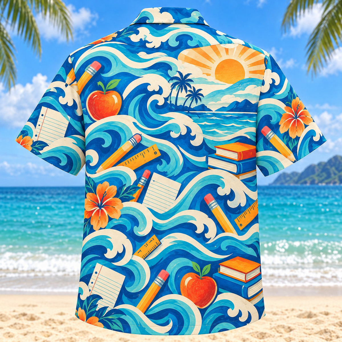 Back view of Coastal Waves Teacher Hawaiian Shirt with matching teacher artwork in cobalt, turquoise, cream, tangerine