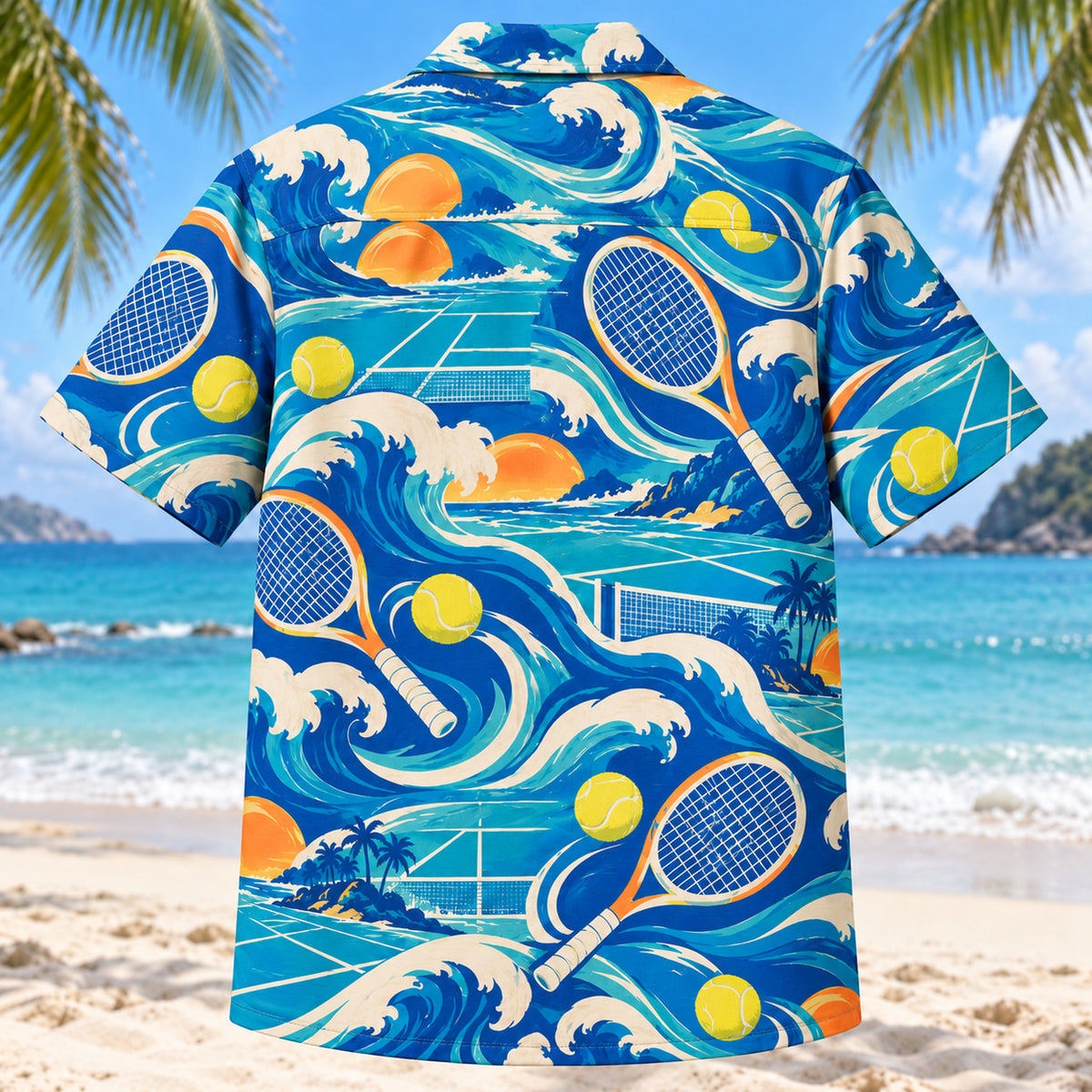 Back view of Coastal Waves Tennis Hawaiian Shirt with matching tennis artwork in cobalt, turquoise, cream, tangerine
