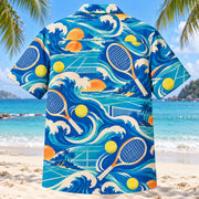 Back view of Coastal Waves Tennis Hawaiian Shirt with matching tennis artwork in cobalt, turquoise, cream, tangerine