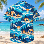 Back view of Coastal Waves Tent Camping Hawaiian Shirt with matching tent camping artwork in cobalt, turquoise, cream, tangerine