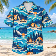 Front view of Coastal Waves Tent Camping Hawaiian Shirt with flowing mid-century coastal waves around generic tents, camp lanterns, campfires, chairs and woodland night skies