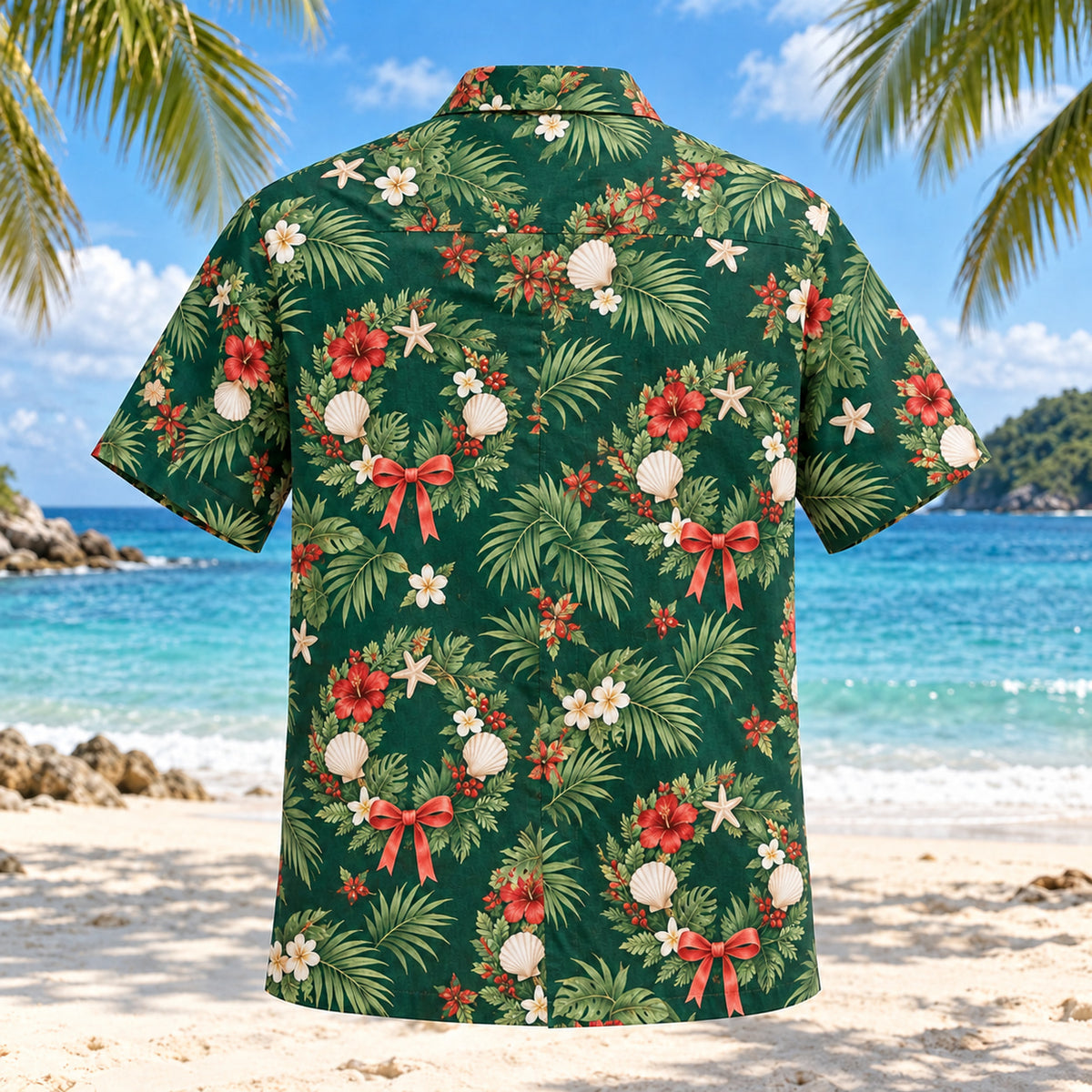 Back view of Coastal Wreath Tropical Christmas Hawaiian Shirt with matching artwork in pine green, sea blue, ivory