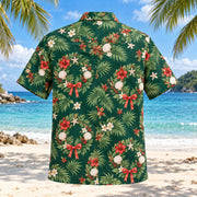 Back view of Coastal Wreath Tropical Christmas Hawaiian Shirt with matching artwork in pine green, sea blue, ivory