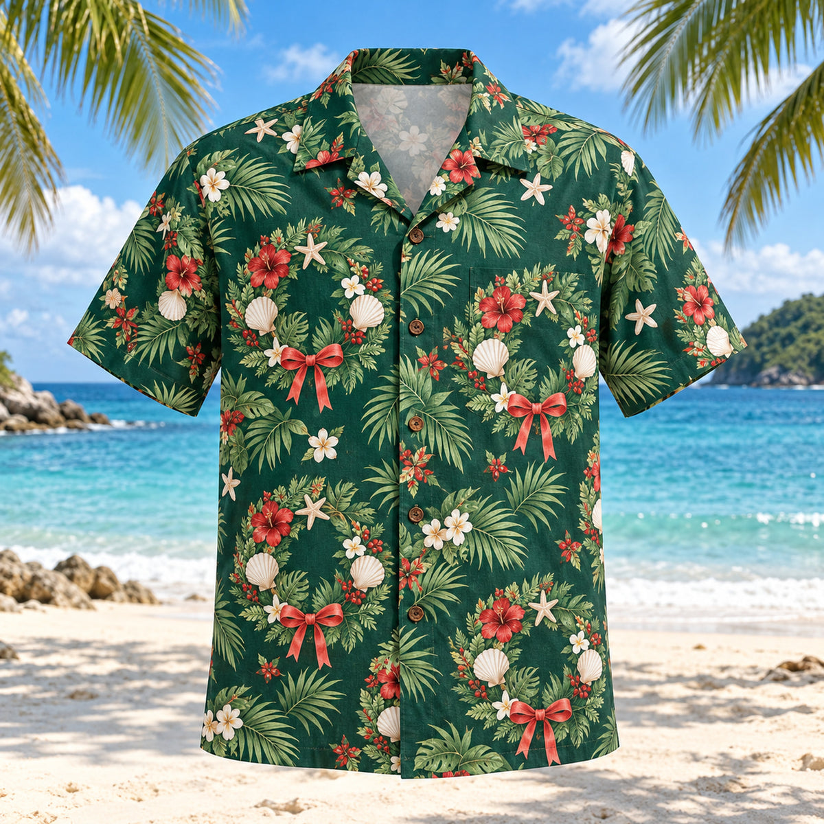 Front view of Coastal Wreath Tropical Christmas Hawaiian Shirt with original tropical foliage wreaths with seashell and ribbon accents