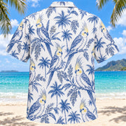 Back view of Cockatiel Blue Sketch Parrot Hawaiian Shirt with matching pet parrot artwork in cobalt, white, pale yellow, slate