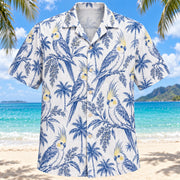 Front view of Cockatiel Blue Sketch Parrot Hawaiian Shirt with original line-drawn cockatiels with crests, seed sprays and small palm outlines