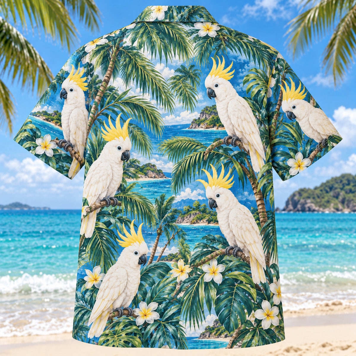 Back view of Cockatoo Coast Parrot Hawaiian Shirt with matching pet parrot artwork in ocean blue, ivory, lemon, sea green