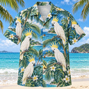 Front view of Cockatoo Coast Parrot Hawaiian Shirt with original white cockatoos with expressive yellow crests perched among coastal palms
