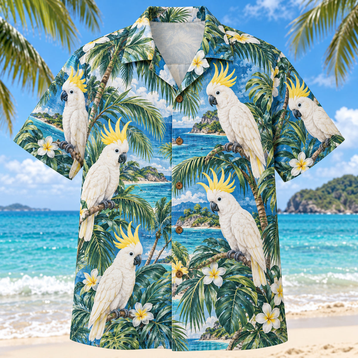 Front view of Cockatoo Coast Parrot Hawaiian Shirt with original white cockatoos with expressive yellow crests perched among coastal palms