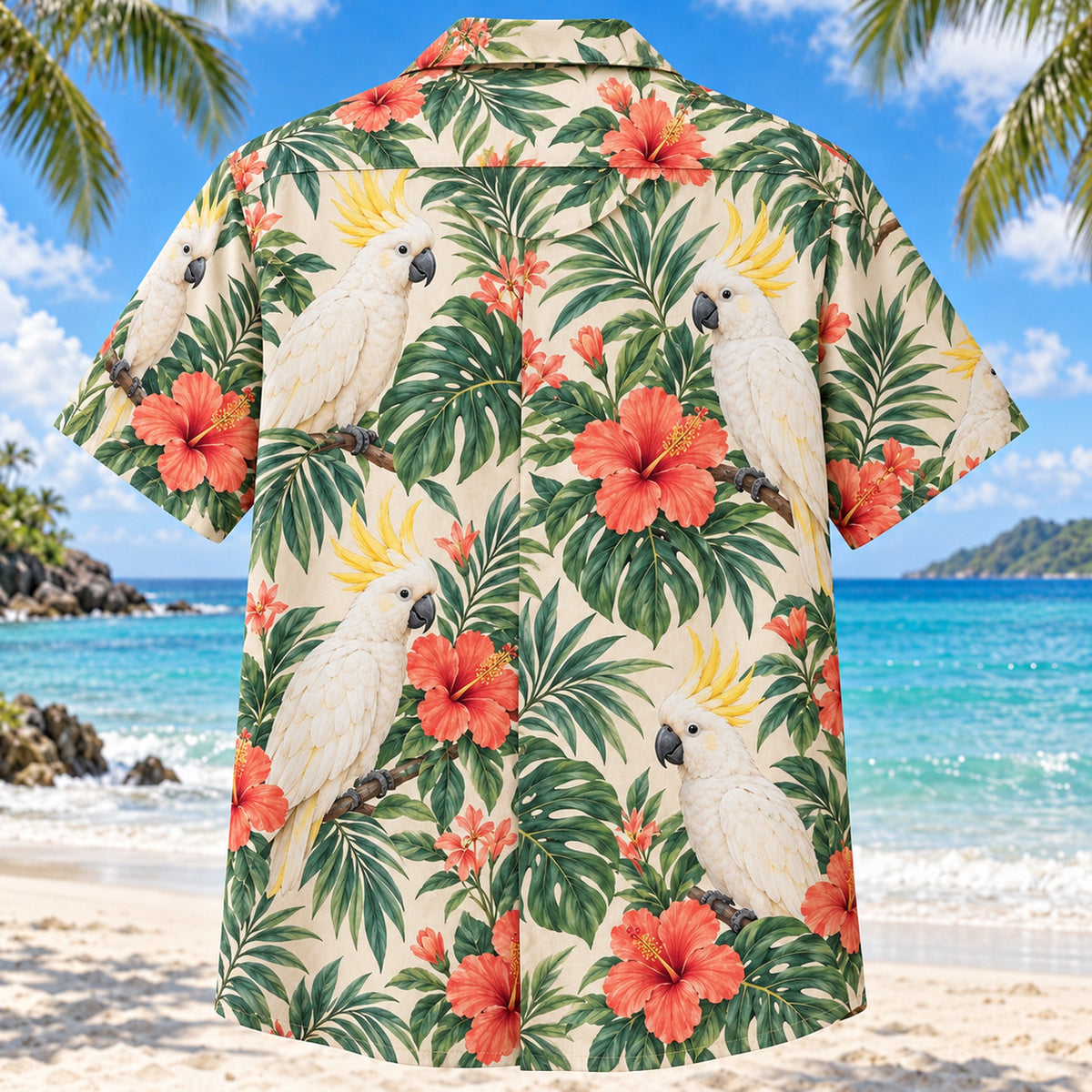 Back view of Cockatoo Hibiscus Parrot Hawaiian Shirt with matching pet parrot artwork in warm ivory, jade, coral, yellow