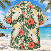 Back view of Cockatoo Hibiscus Parrot Hawaiian Shirt with matching pet parrot artwork in warm ivory, jade, coral, yellow