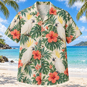 Front view of Cockatoo Hibiscus Parrot Hawaiian Shirt with original sulphur-crested cockatoos among coral hibiscus and jade foliage