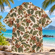 Back view of Coffee Bean Botanical Specialty Coffee Hawaiian Shirt with matching artwork in brown, sage, cream