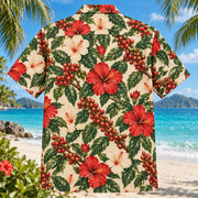 Back view of Coffee Cherry Hibiscus Specialty Coffee Hawaiian Shirt with matching artwork in red, green, cream