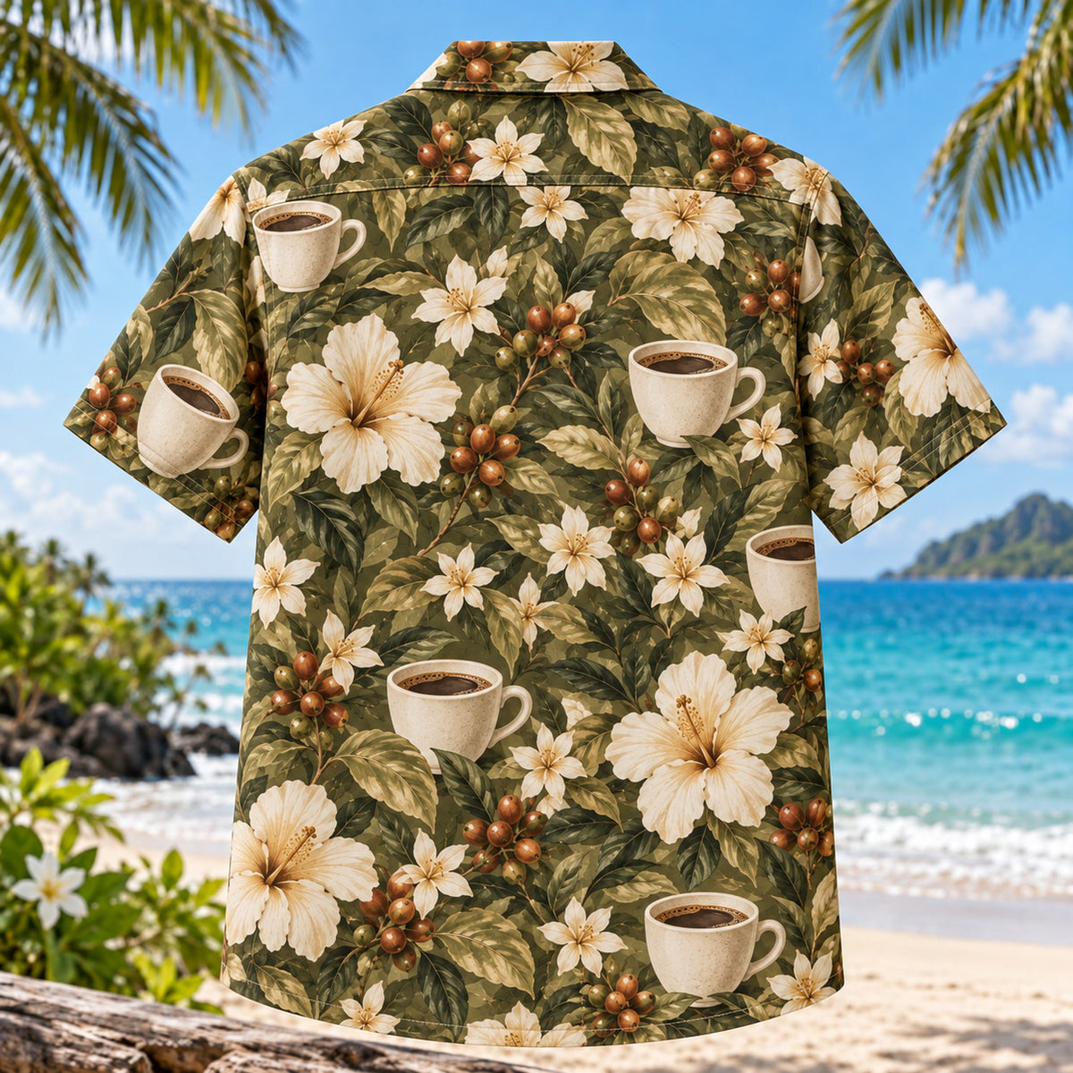 Back view of Coffee Cup Garden Specialty Coffee Hawaiian Shirt with matching artwork in olive, tan, ivory