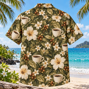 Back view of Coffee Cup Garden Specialty Coffee Hawaiian Shirt with matching artwork in olive, tan, ivory