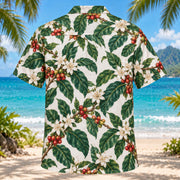 Back view of Coffee Flower Specialty Coffee Hawaiian Shirt with matching artwork in white, emerald, brown