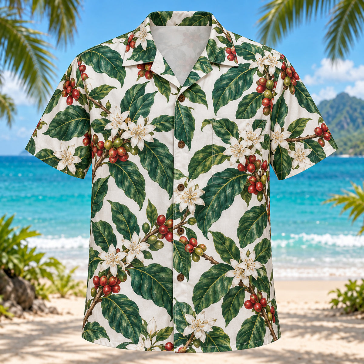 Front view of Coffee Flower Specialty Coffee Hawaiian Shirt with coffee blossoms and cherries among foliage