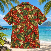 Back view of Coffee Harvest Specialty Coffee Hawaiian Shirt with matching artwork in red, gold, forest