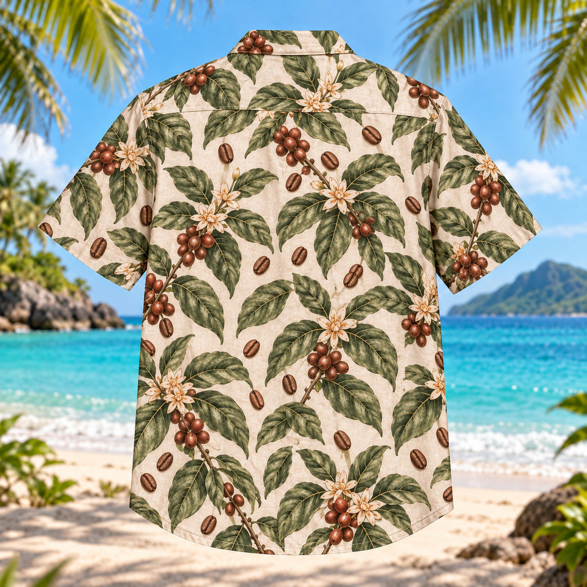 Back view of Coffee Leaf Specialty Coffee Hawaiian Shirt with matching artwork in sage, cream, brown