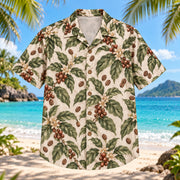 Front view of Coffee Leaf Specialty Coffee Hawaiian Shirt with coffee plant leaves and small beans in elegant repeat