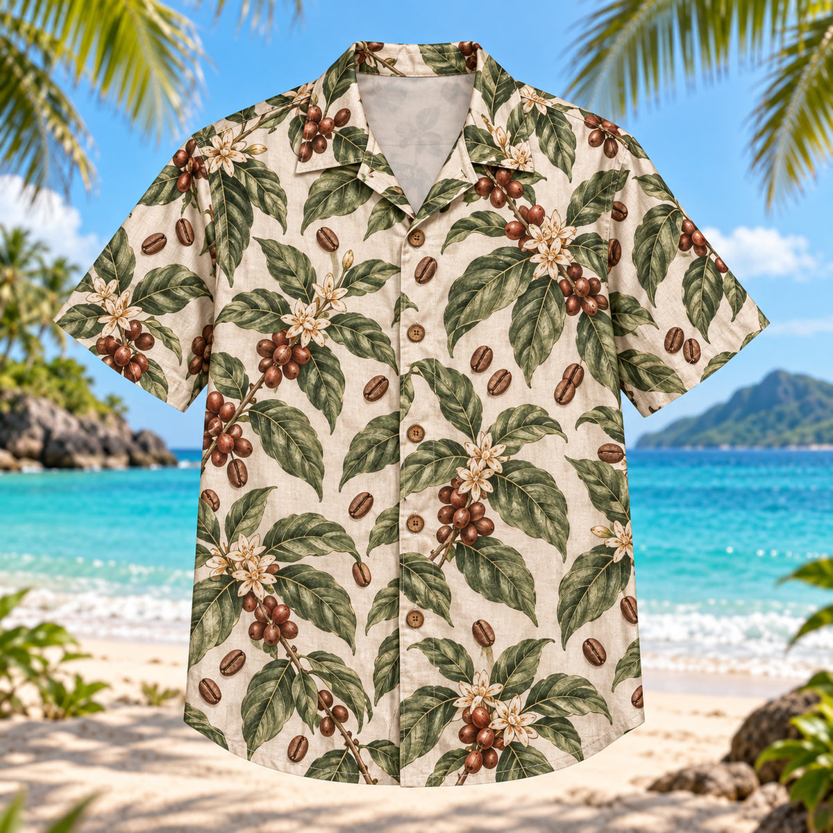 Front view of Coffee Leaf Specialty Coffee Hawaiian Shirt with coffee plant leaves and small beans in elegant repeat