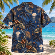 Back view of Coffee Night Specialty Coffee Hawaiian Shirt with matching artwork in indigo, bronze, cream