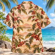 Back view of Coffee Sunrise Specialty Coffee Hawaiian Shirt with matching artwork in amber, blush, cream