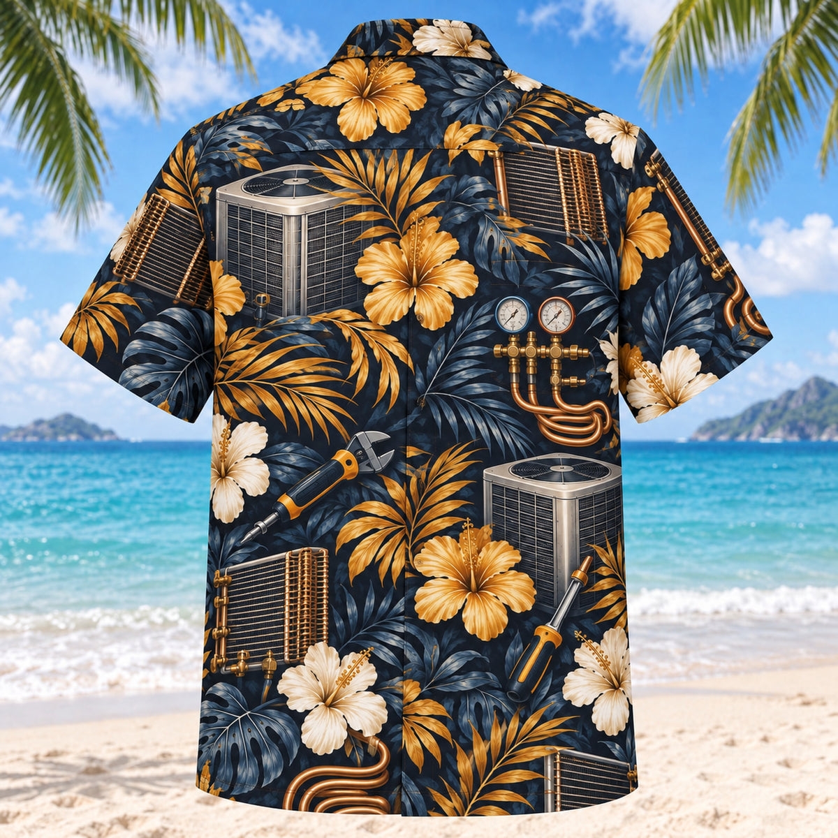 Back view of Coil Fin HVAC Hawaiian Shirt with matching artwork in midnight, amber, ivory