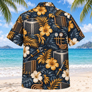 Back view of Coil Fin HVAC Hawaiian Shirt with matching artwork in midnight, amber, ivory