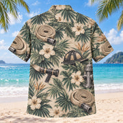 Back view of Coiled Hose Firefighter Hawaiian Shirt with matching artwork in sage, sand, charcoal