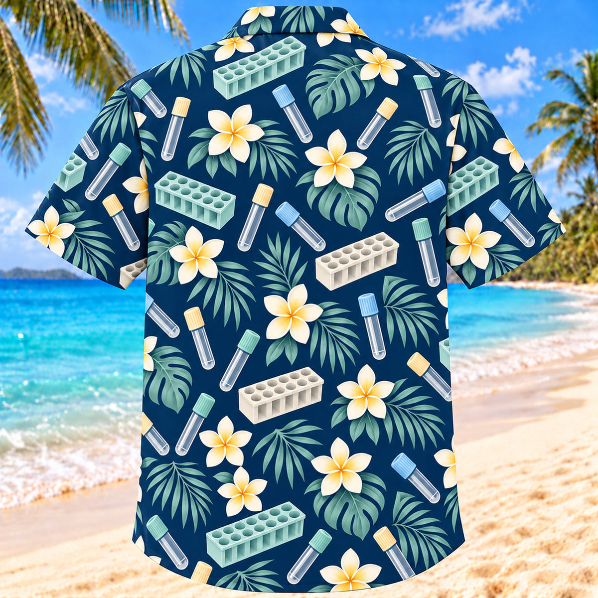 Back view of Collection Bloom Navy Cream Phlebotomist Hawaiian Shirt with matching artwork in navy, warm ivory, pale seafoam