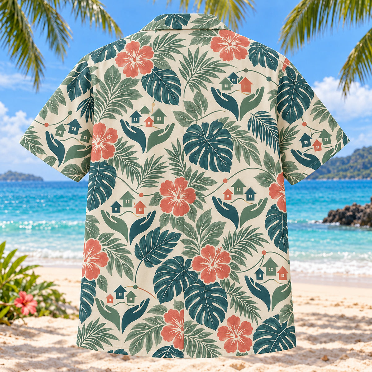 Back view of Community Garden Social Worker Hawaiian Shirt with matching artwork in ivory, sage, deep teal, muted coral