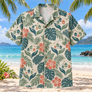 Front view of Community Garden Social Worker Hawaiian Shirt with original generic open hands, small houses, connecting support lines and tropical hibiscus foliage